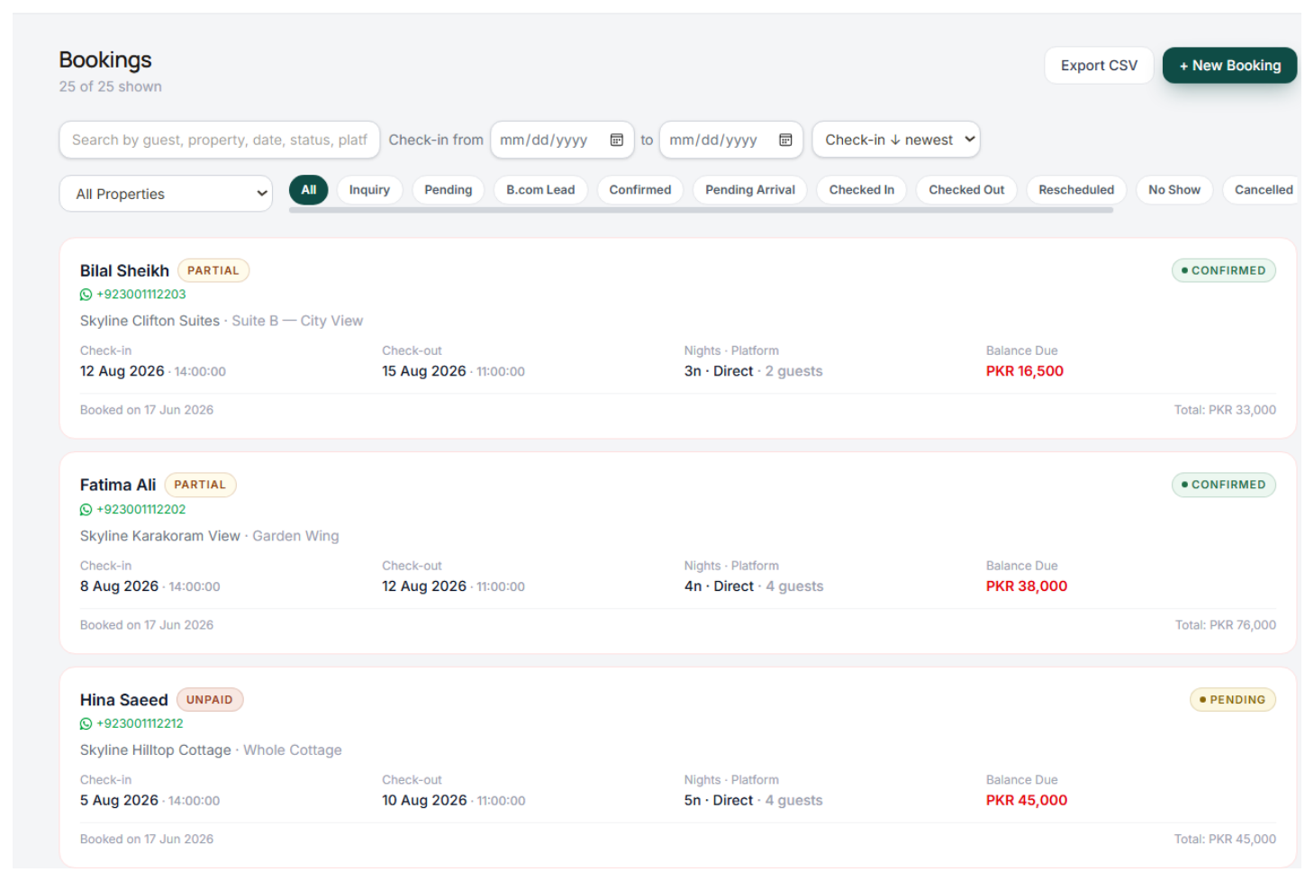 Bookings list with payment status